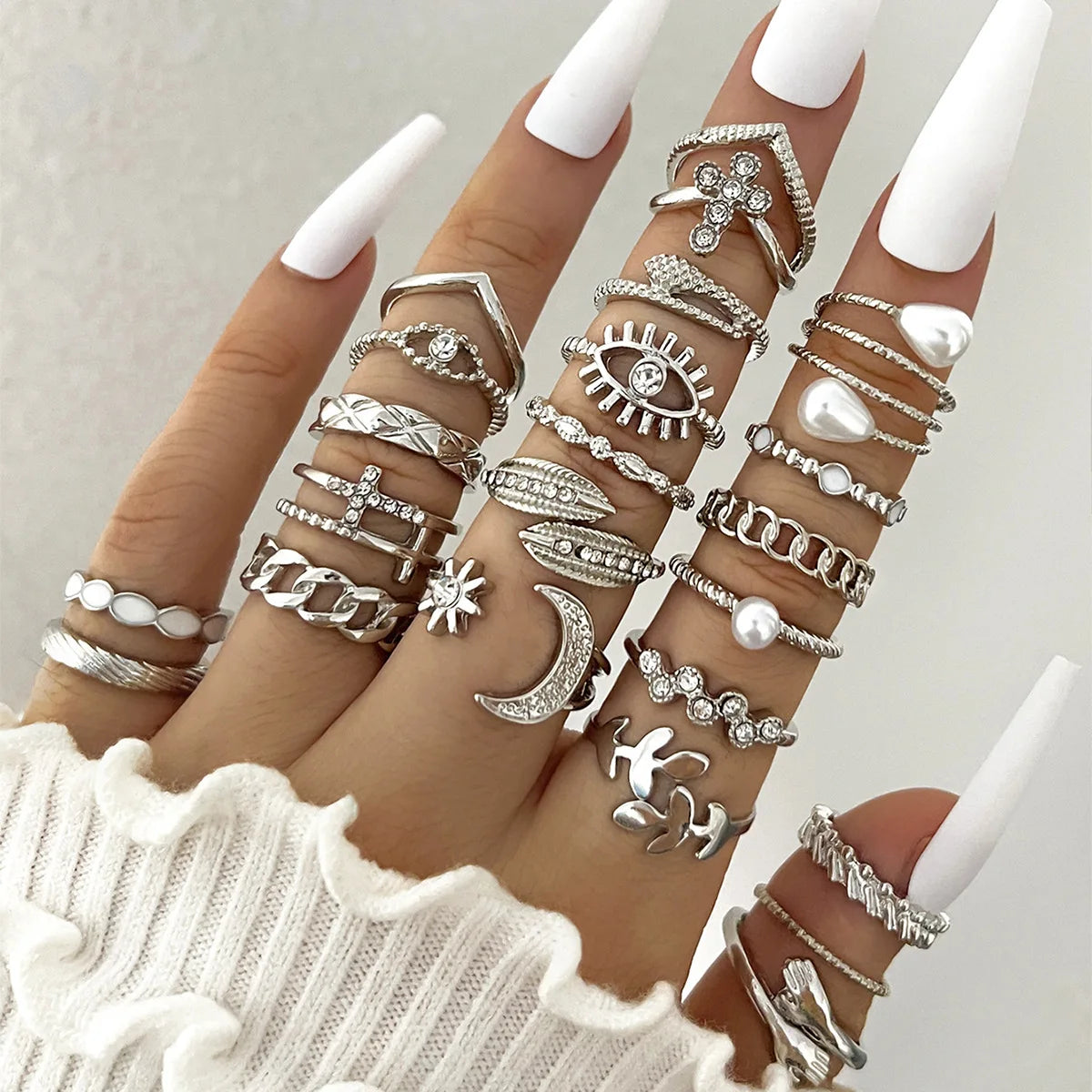 23Pcs Trendy Simple Knuckle Rings Set For Women Crystal Star Moon Eye Wave Ring Female Fashion Party Jewelry Accessories