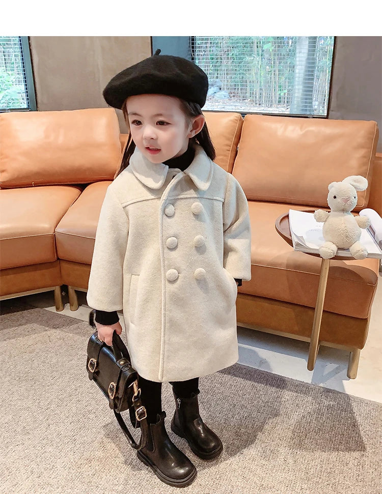 1-7 Years Girls Wool Coats New Fashion Korean Version Long Kids Jacket Spring Autumn Double Breasted Children Outerwear Clothing