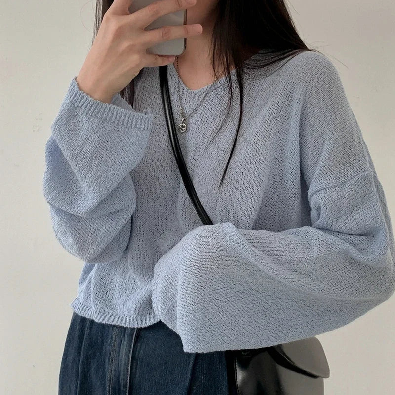 ITOOLIN Women V-Neck Loose Knitted Sweaters Long Sleeve Solid Casual Pullovers Sweater Women Streetwear Spring Autumn 2024