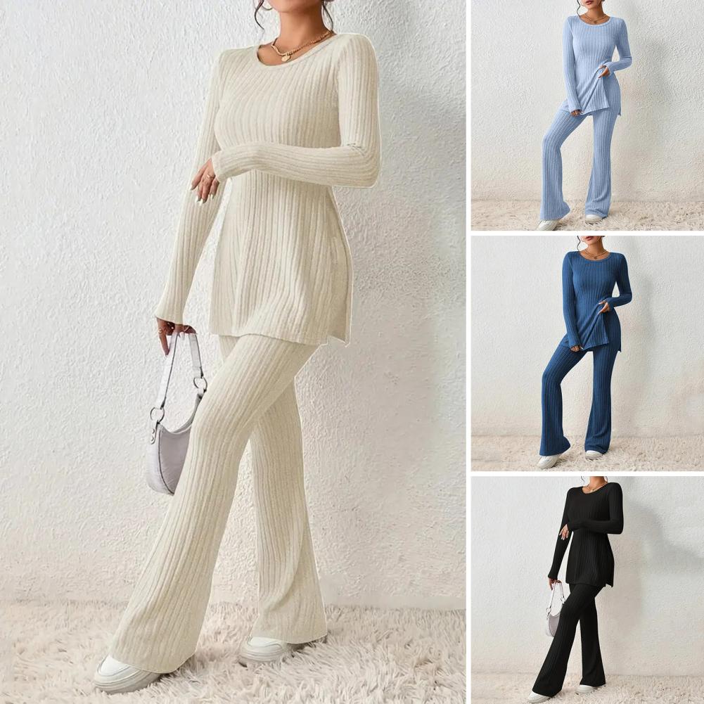 2023 Fall Winter Knitted 2 Piece Suits Women Long Sleeve Ribbed Slit Long Top and High Waist Pencil Pants Set Fashion Outfit