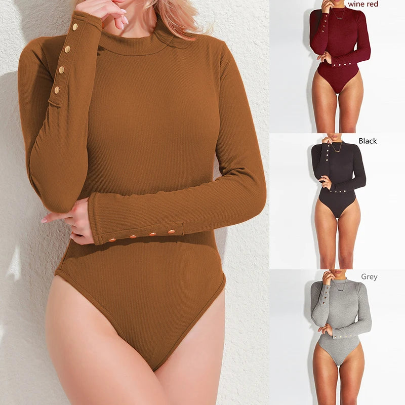 Women Black Long Sleeve Bodysuit Autumn Winter Turtleneck Bodysuits Womens Sexy Bodycon High Waist Romper Body