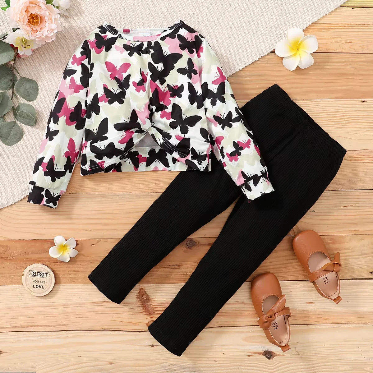 1-6 Years Kids Girls Clothing Set Cute Butterfly Print Long Sleeve Top+Black Pant Fashion Spring and Autumn 2PCS Children Outfit