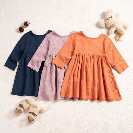 Autumn Cotton Dresses Baby Girl Long-sleeved Casual Dress Solid Color Fashion Simple Girl Sweet Children's Clothing