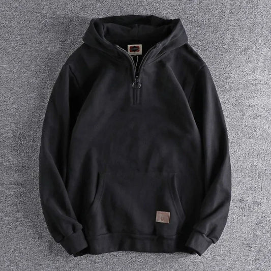 Men's Clothing Black Half Zip Sweatshirts for Man Warm Hoodies Solid Hooded Fleeced Y2k Vintage High Quality Korean Style Loose