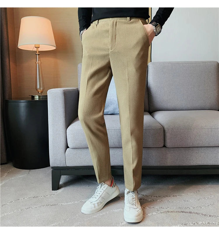 Suit Pants Autumn Winter Fashion Waffle Dress Pants For Men Clothing Business Casual Slim Fit Men's Formal Trousers High Quality