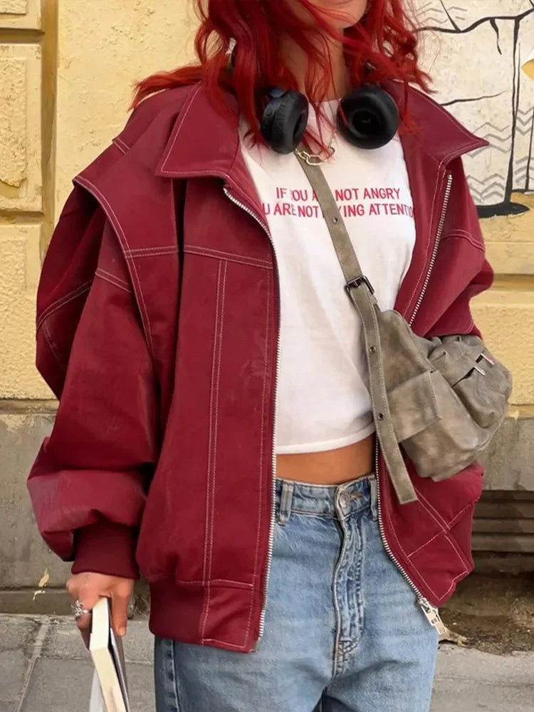 Fashion Patchwork Lapel Long Sleeve Coats Vintage Red Zipper Leather Jacket For Women 2024 Autumn Winter Female Casual Outerwear