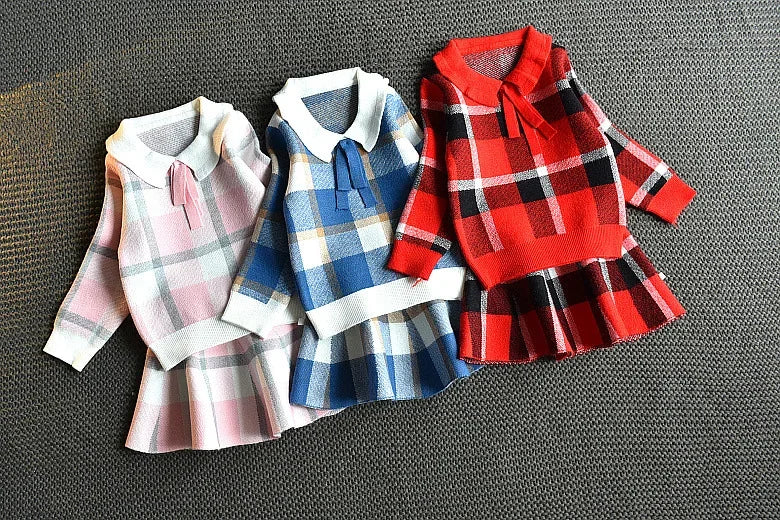 Baby Girls Winter Clothes Set Christmas Outfits Kids Girls Plaid Knit Sweater&skirt Fall Girl Clothing Set Children Costume