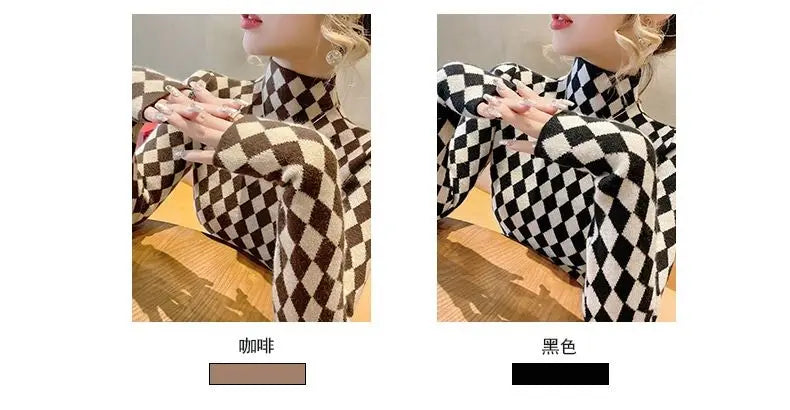 Women Clothing Fashion Elegant Mock Neck Long Sleeve Pullovers Spring Autumn Chic Slim Plaid All-match Tops Office Lady Sweaters