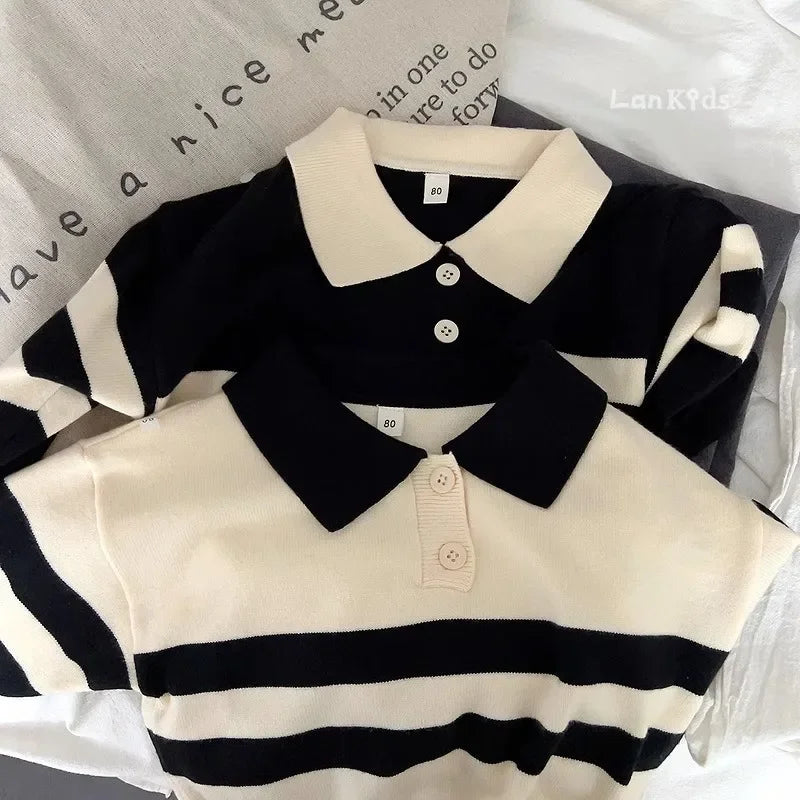 2023 New Korean Style Spring Autumn Children's Sweater Boys Girls Two-piece Button Striped Lapel Knitted Top Casual Fit Stylish