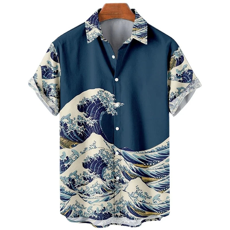 Japanese Sea Ocean Wave Graphic Shirt Men Kids 3D Print Vintage  Hawaiian Beach Shirts Short Sleeve Women Lapel Tops Clothing