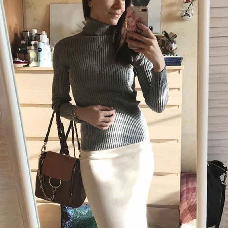 2024 Autumn Winter Women Knit Solid Turtleneck Pull Sweater Casual Rib Jumper Tops Female Home Pullover Y2K Clothing