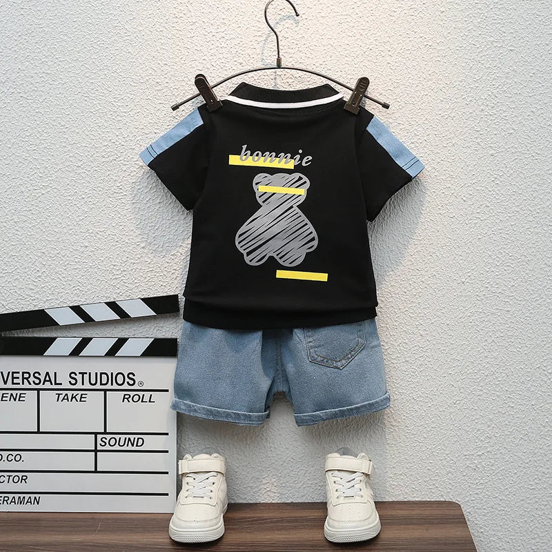 Children Summer Fashion Baby Boys Clothes Cartoon Bear T-shirt Denim Shorts 2pcs/sets Kids Outfits Costume Casual Sports Suit