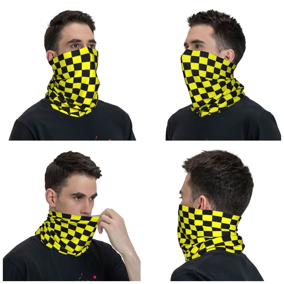 Colorful Geometric Checkered Black And Yellow Bandana Neck Gaiter Printed Racing Moto Motorcycle Wrap Scarf Headwear Running