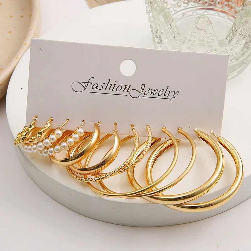 18Pcs Of Suit Women Earrings C Shaped Geometric Fake-pearl Fashion Metal Earrings Atmospheric Queuing Alloy Of Gold-color Trendy