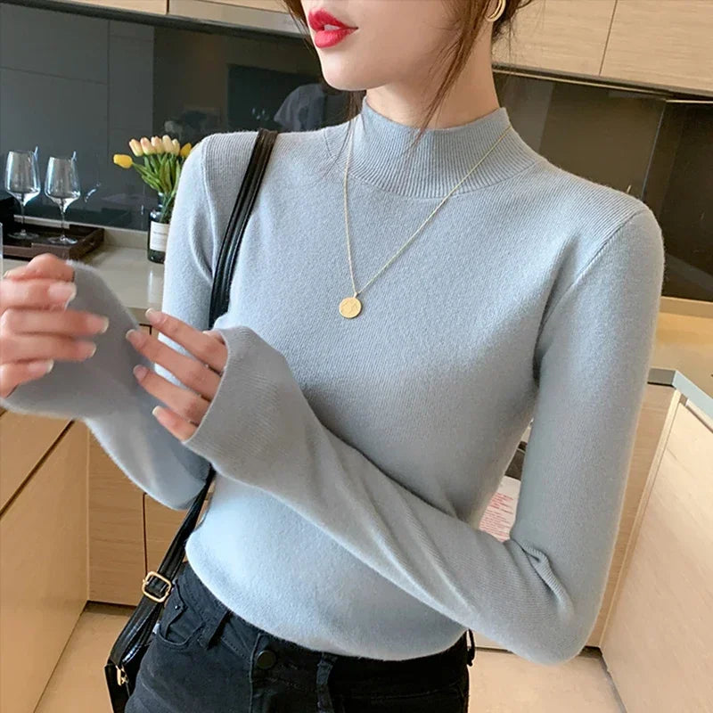 Autumn Turtleneck Sweater Women Fashion Stretch Tops Women Knitted Pullovers Long Sleeve Bottoming Knitted Sweater