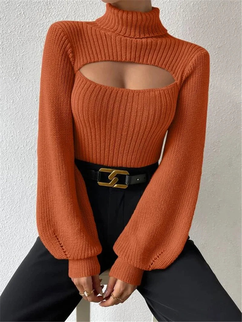 Chest Hollowed-out Sexy Sweater Design Sexy Loose Matching Sweater Fall Winter Turtleneck Hollowed-out Sweater Women Wear Top