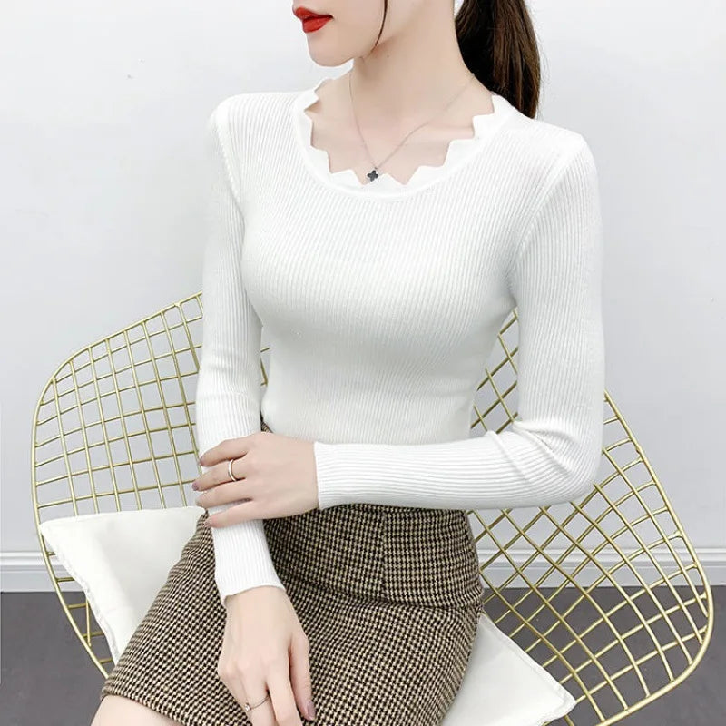 2024 Fashion Long Sleeve Elegant O-neck Women Sweater Autumn Solid Slim Knitted Tops Winter Casual Pullover Jumper