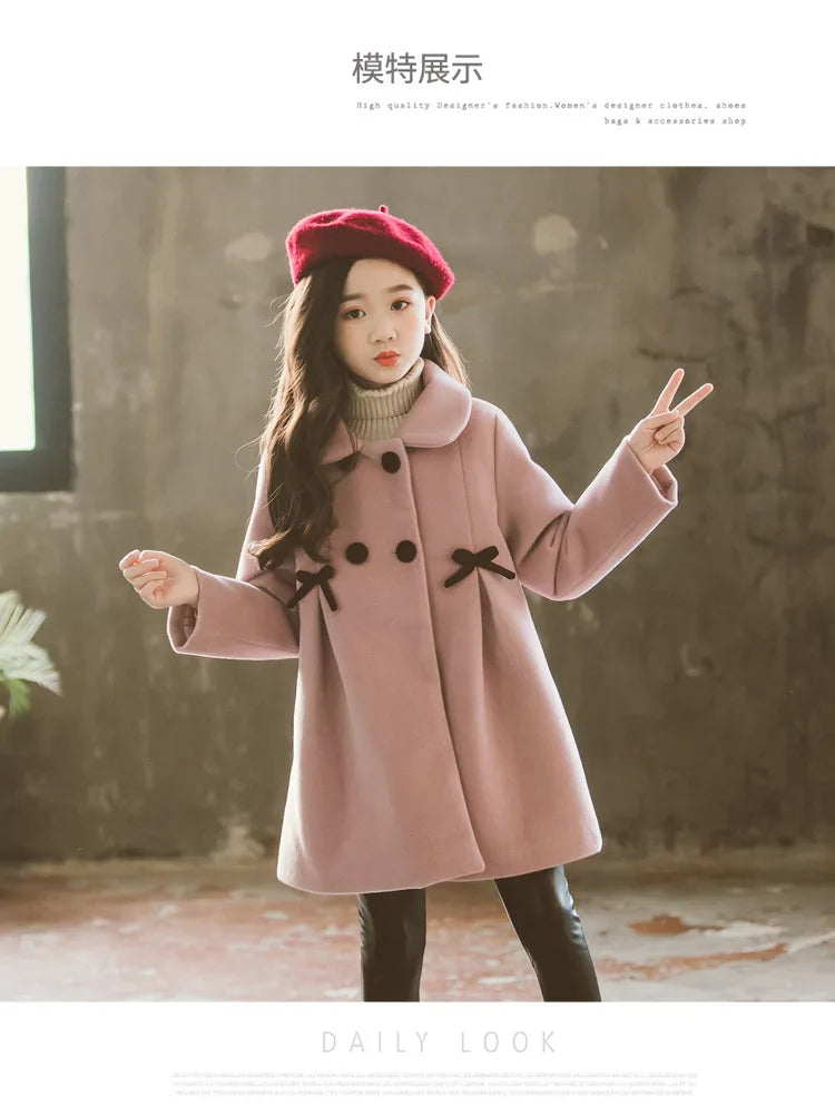 3 4 5 6 8 10 12 Years Girls Wool Coat Autumn Winter Korean Version Long Kids Jacket Double Breasted Children Outerwear Clothing