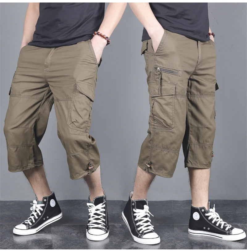 Long Length Cargo Shorts Men Summer Multi-Pocket Casual Cotton Elastic Capri Pants Men Military Tactical Short Hot Breeches 5XL