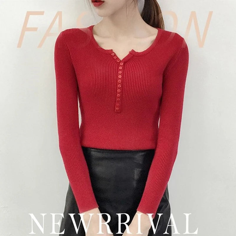 Autumn Winter Button V Neck Sweater Women Basic Solid Slim Pullover Women Sweaters Knitted Casual Jumper Ladies Tops