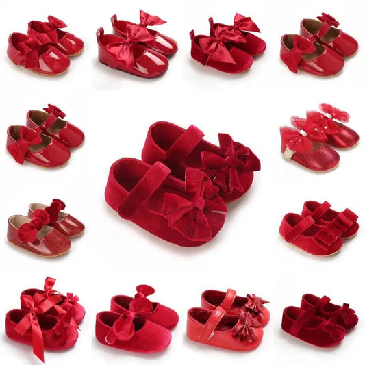 Spring and Autumn Girl Baby Shoes Classic Fashion Red Theme Cute Bow Princess Shoes Rubber Sole Anti slip Comfortable Walking Sh