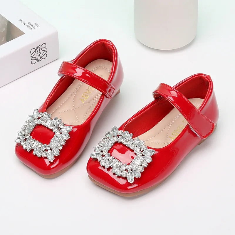 Spring Autumn  Kids Shoes for Girl Leather Shoes Fashion Rhinestone Flat Heels Infant Girls Party Shoes Red Black