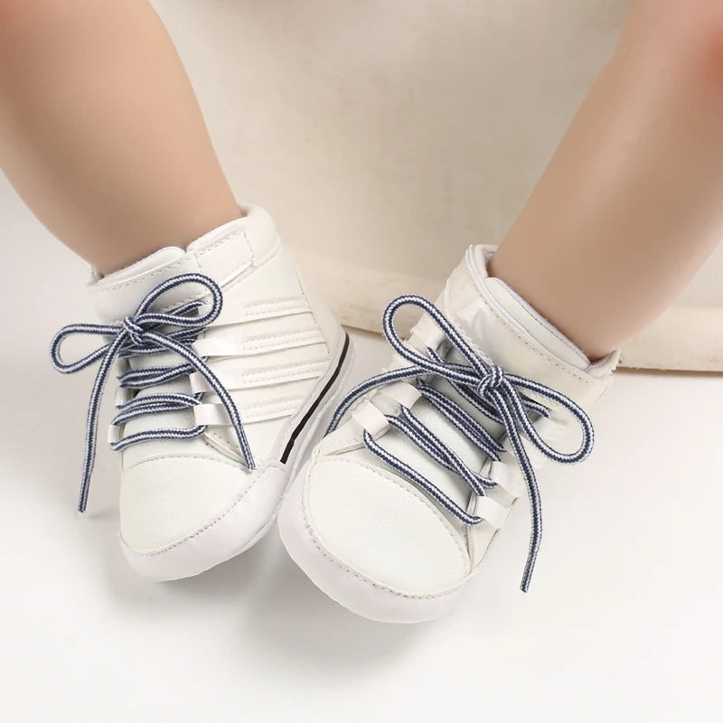 Spring and Autumn Baby Shoes Fashion Classic White PU High Top Sports Shoes Soft Sole Comfortable Casual Walking Shoes