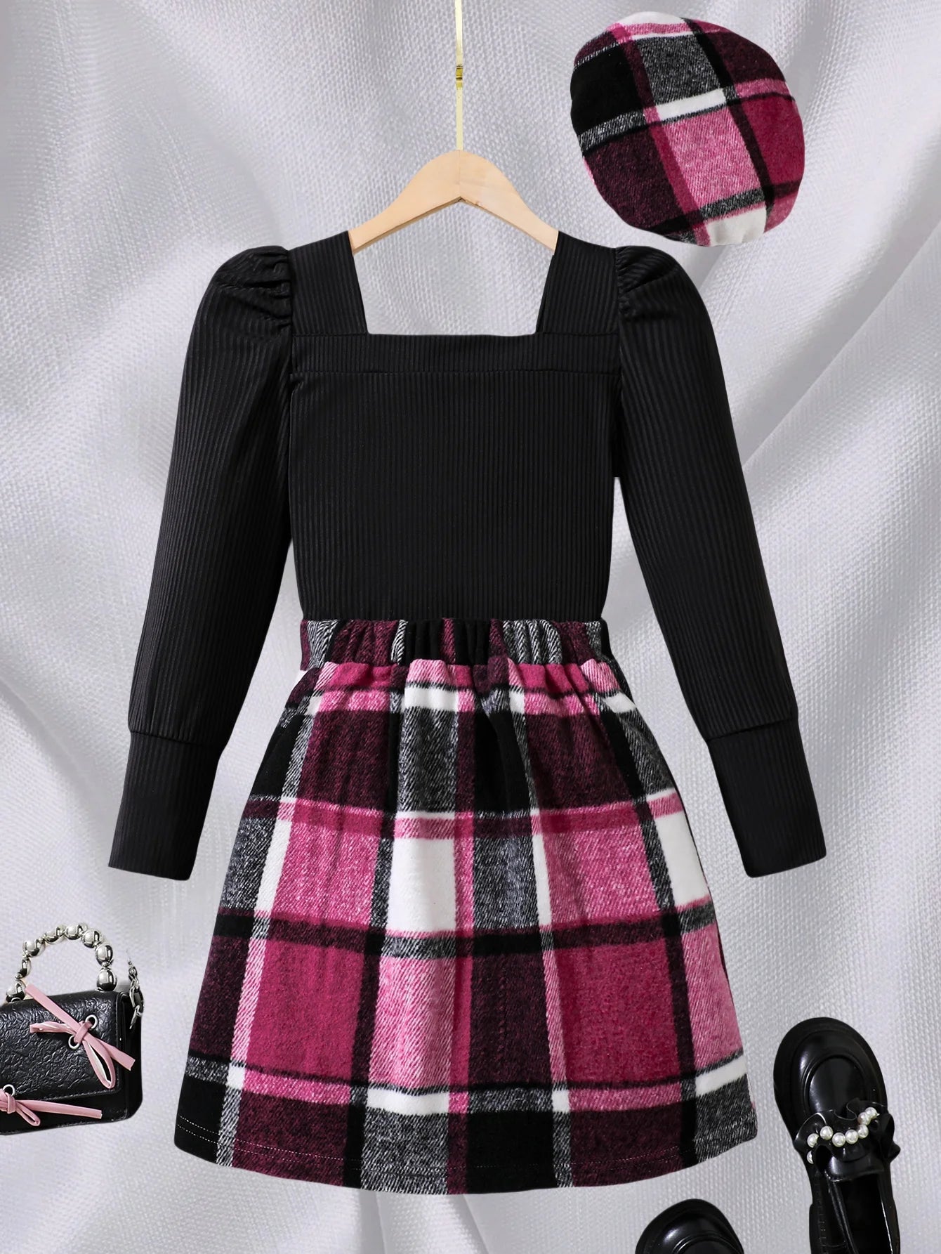 Autumn children's three-piece set for girls square collar black bubble long sleeve top plaid irregular skirt beret fashion sexy