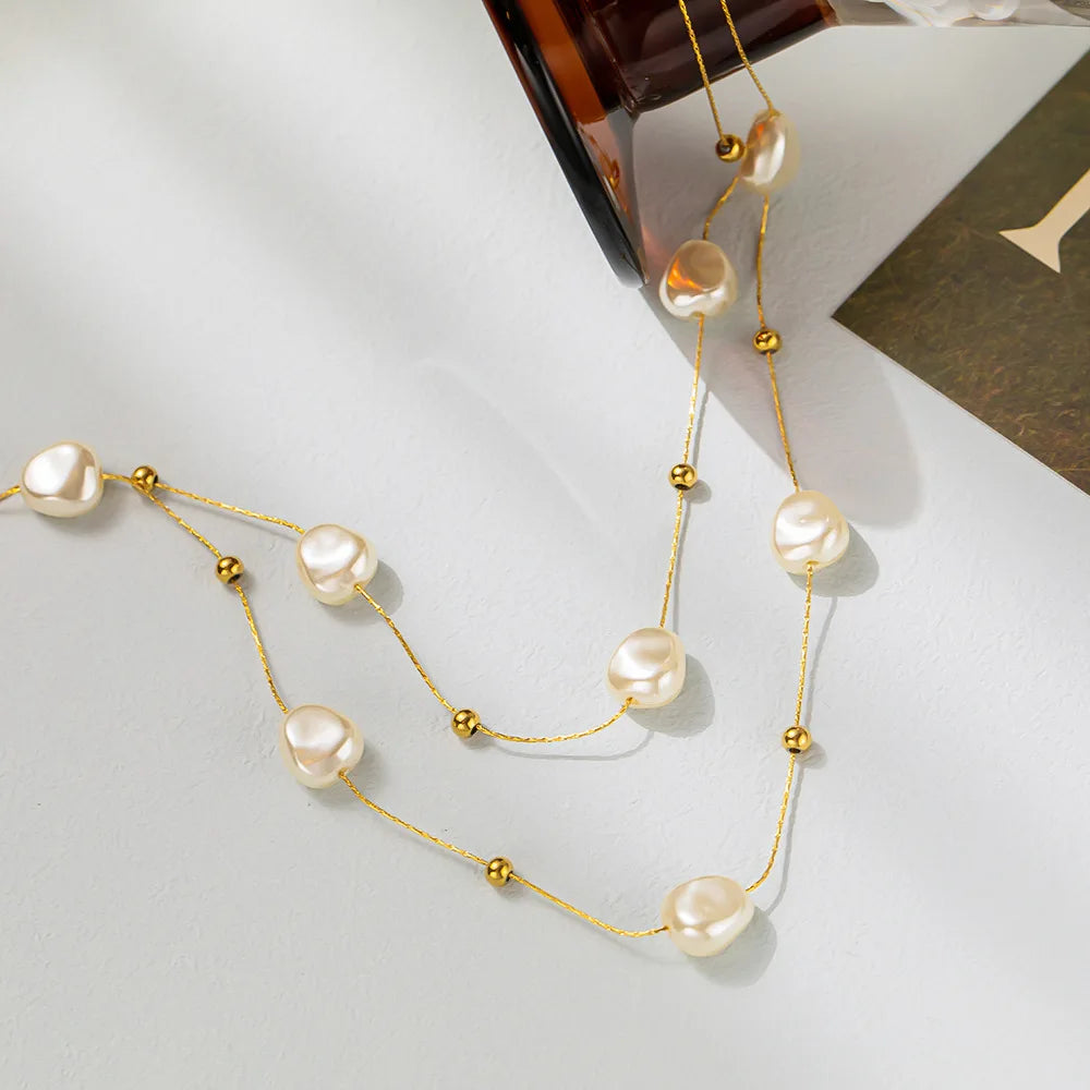 2023 New stainless steel double layer large pearl pendant necklace for women new trend girl neck jewelry chain party wedding gif