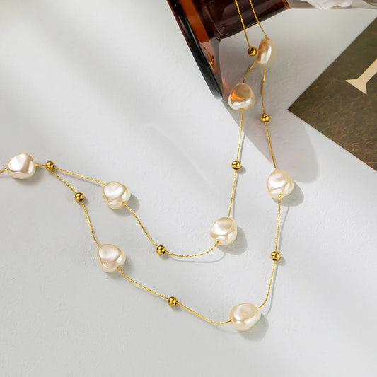 2023 New stainless steel double layer large pearl pendant necklace for women new trend girl neck jewelry chain party wedding gif