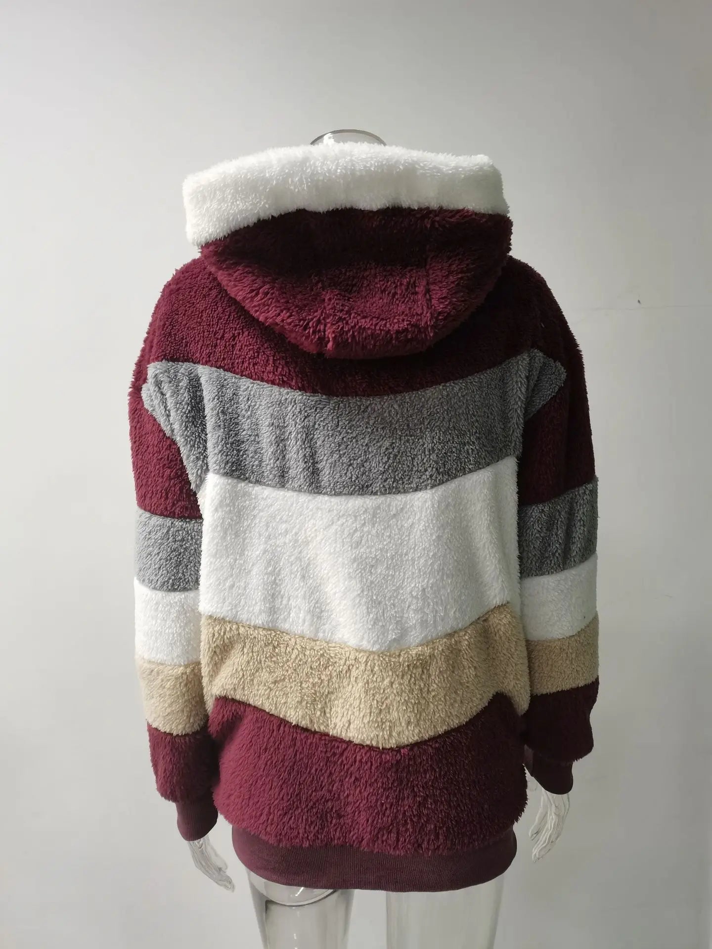 Women Striped Patchwork Fleece Hoodie Coat Autumn Winter Long Lantern Sleeve Loose Cardigan Hoodie Sweatshirt Coats