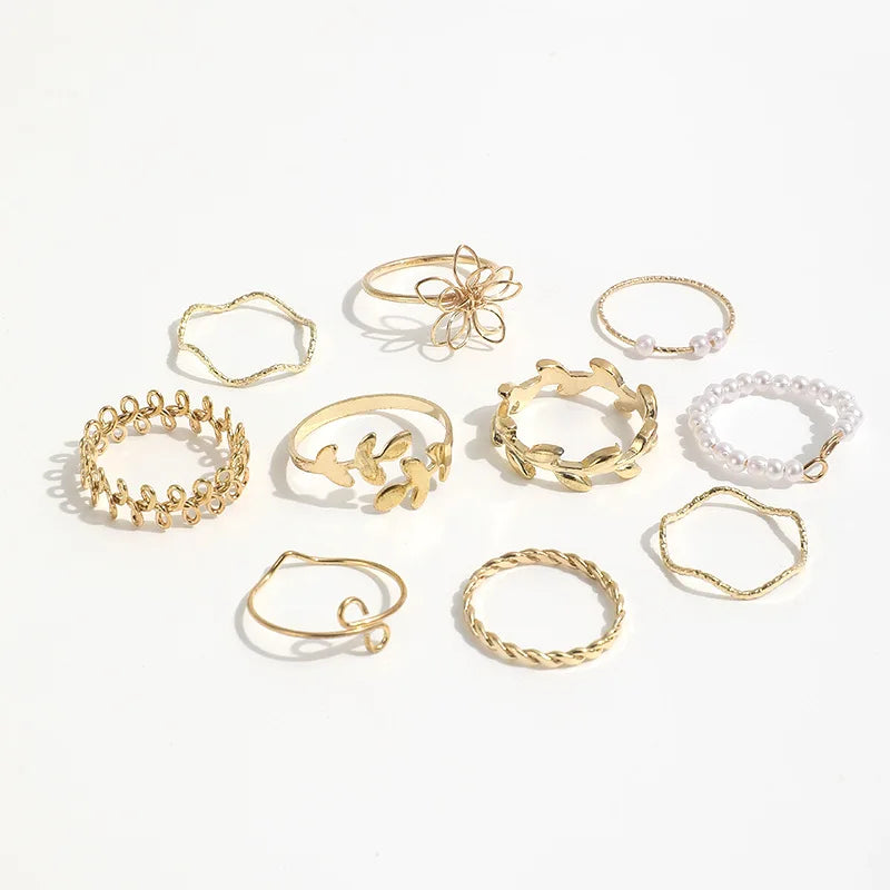 Bohemian style hollow flower set ring simple glossy leaf vine imitation pearl ring 10-piece set