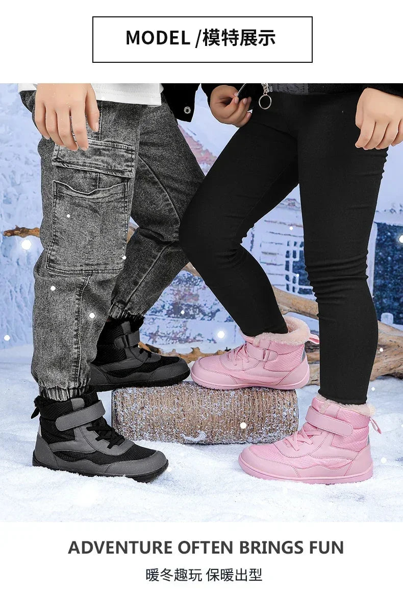 Kids Barefoot Boots Wide Width Waterproof Winter Fur Lined Shoes for Boys Girls Cold Weather Children Outdoor Fashion Sneakers