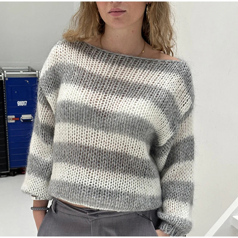 Off Shoulder Knitted Striped Sweater Women Loose Casual Slash Neck Long Sleeve Female Pullovers 2024 Autumn Lady Street Jumper