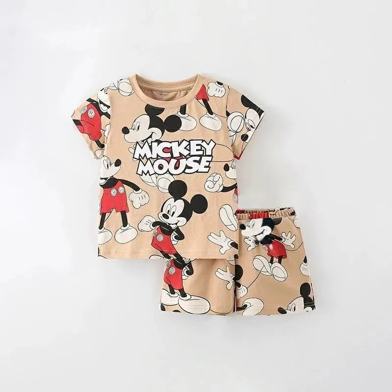 2024 Summer New Disney Mickey Boys Tracksuit Short Sleeved Suit Cartoon Fashion Casual Kids Clothing T-shirt + Shorts Outfits