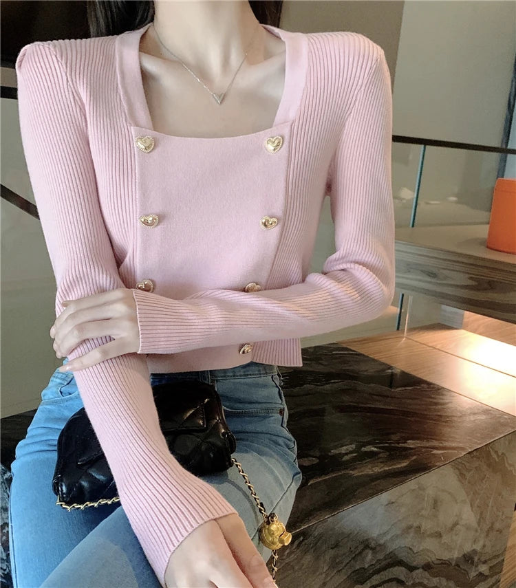 Short Square Collar Crop Top Knitted Sweater Women Korean Clothes Love Button Long Sleeve Sweaters 2022 Autumn Winter Pullover