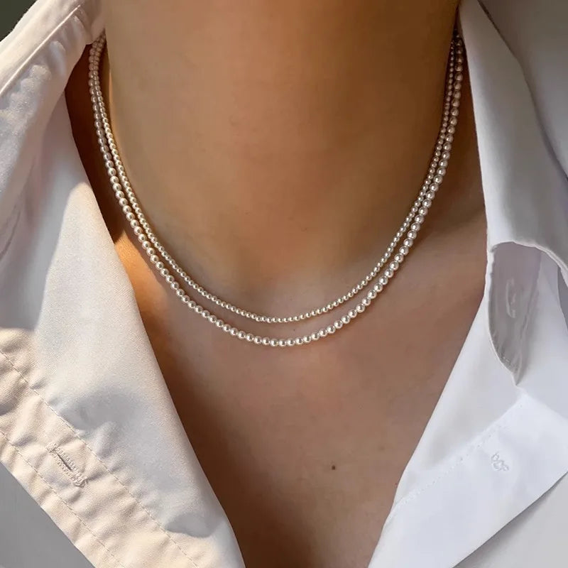 2024 New Fine Round Flawless Glass Pearl Necklace Women's Top Quality Thin Clavicle Chain Small Beads Daily Wear Jewelry