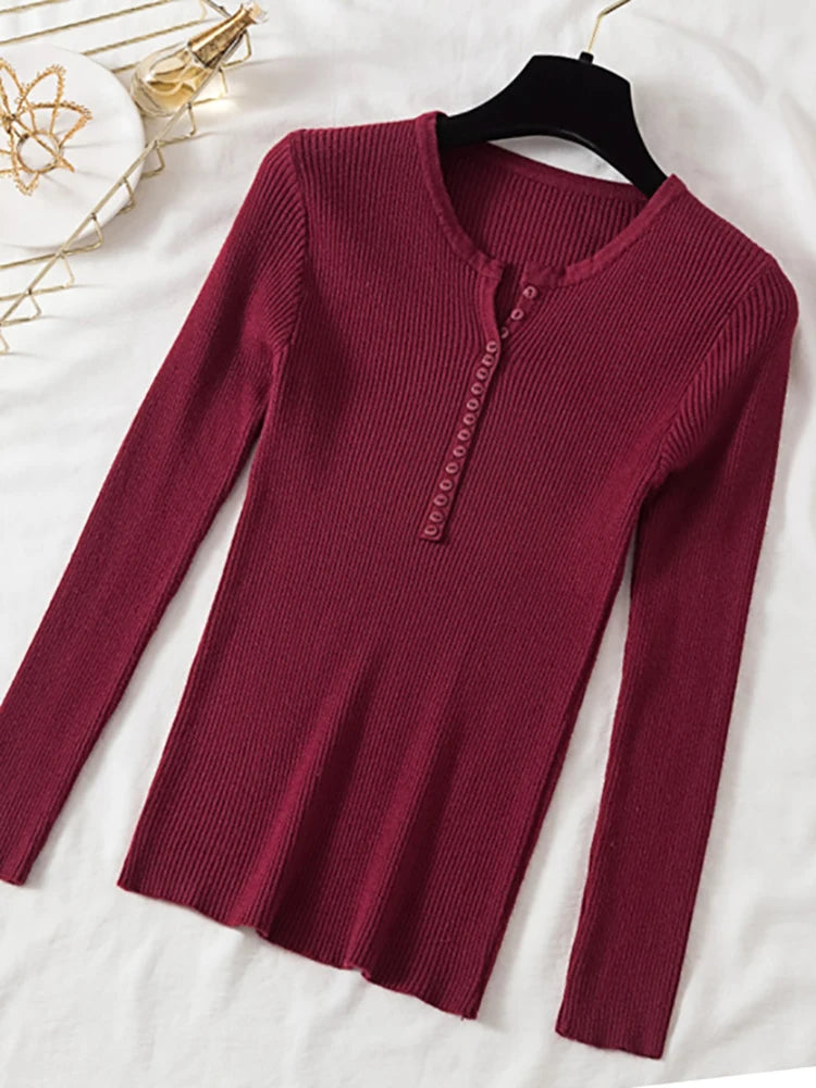 Autumn Winter Button V Neck Sweater Women Basic Solid Slim Pullover Women Sweaters Knitted Casual Jumper Ladies Tops