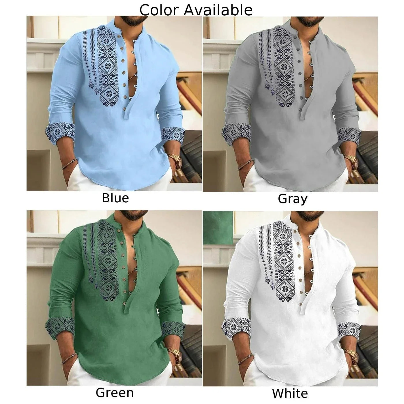 Men Long Sleeve Button-Down Shirt Blouse Loose Henley V-Neck Beach Tops T Shirts