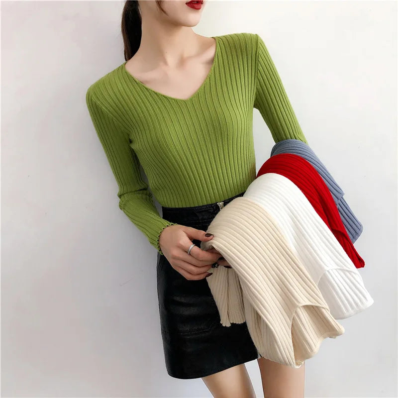 Autumn Winter Knitted V Neck Women Sweaters Casual Long Sleeve Pullover Soft Warm Sweater Femme Fashion Basic Solid Jersey Tops