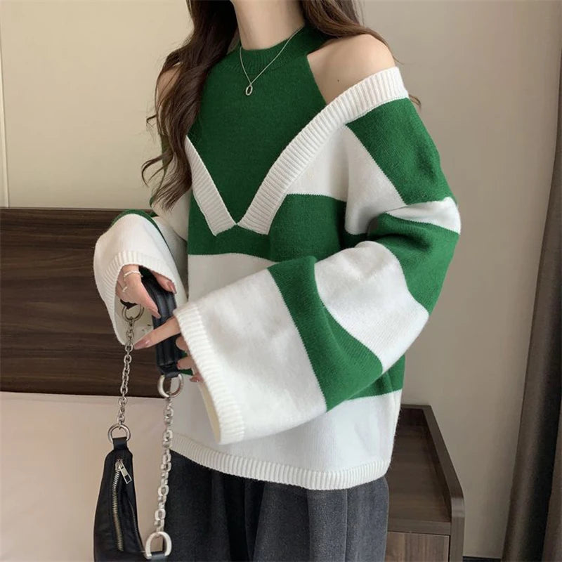 Y2K Stripe Halter Women Sweaters Korean Knitted Loose Patchwork Female Pullovers Autumn Preppy Style All Match Chic Ladies Tops