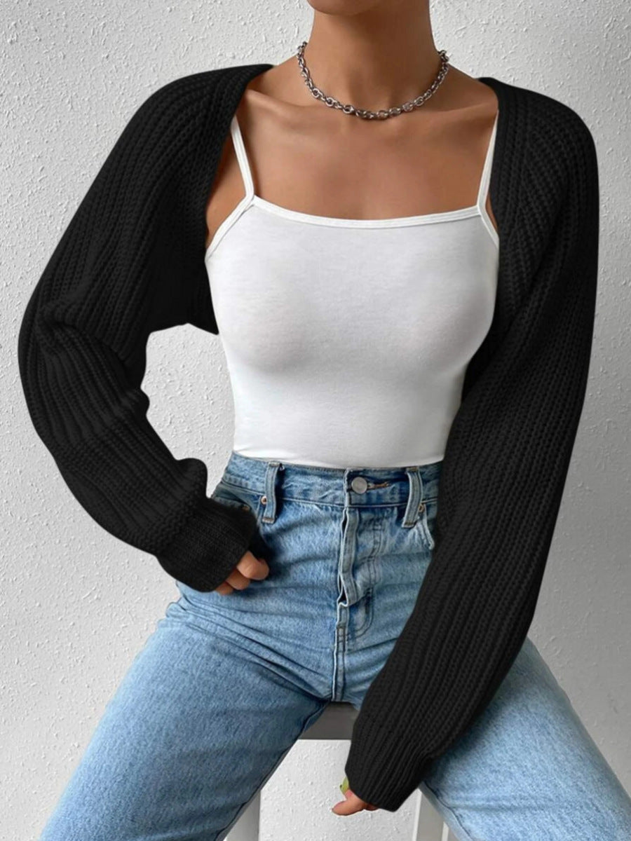 Women Spring Fall Ribbed Knit Sweater Cardigan V-Neck Long Sleeve Solid Cropped Shrug Sweater Bolero Tops Casual Outerwear