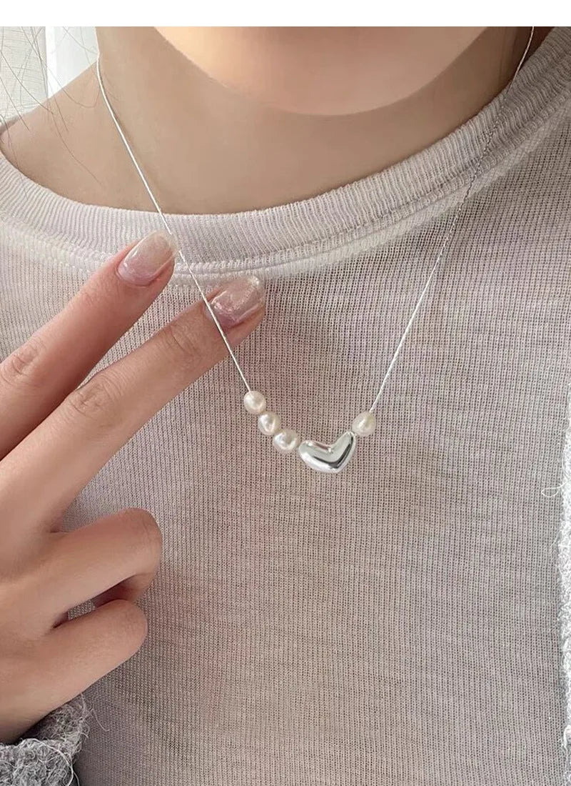 925 Silver Love Heart Pearl Necklace for Women Gift Korean Versatile Simplicity Irregular Jewelry Dropshipping