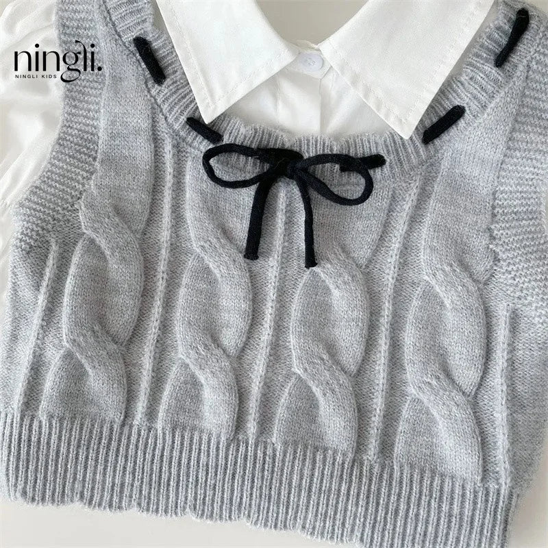 Spring Autumn Children Girl 3PCS Clothes Set Cotton White Ruched Shirts Knitted Bow Vest Pleated Skirts Suit Toddler Girl Outfit