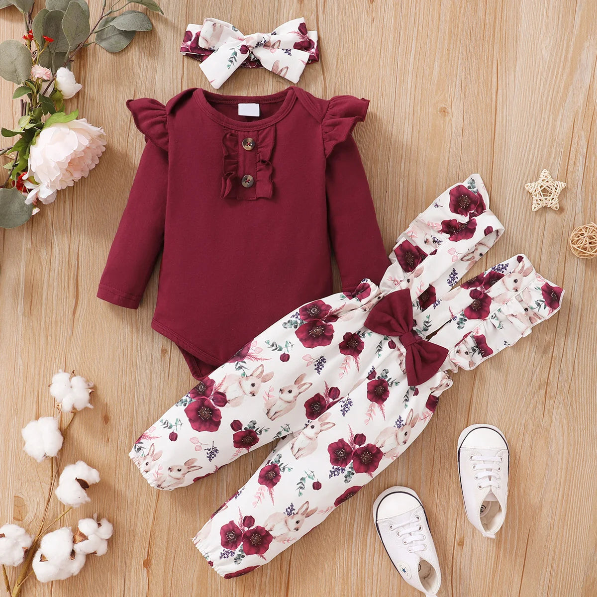 Winter  Newborn  Infant  Baby  0-12M  Girls  Cotton   Long  Sleeves  Headband   Rabbit   Print    Pants  Fashion  Baby  Clothing