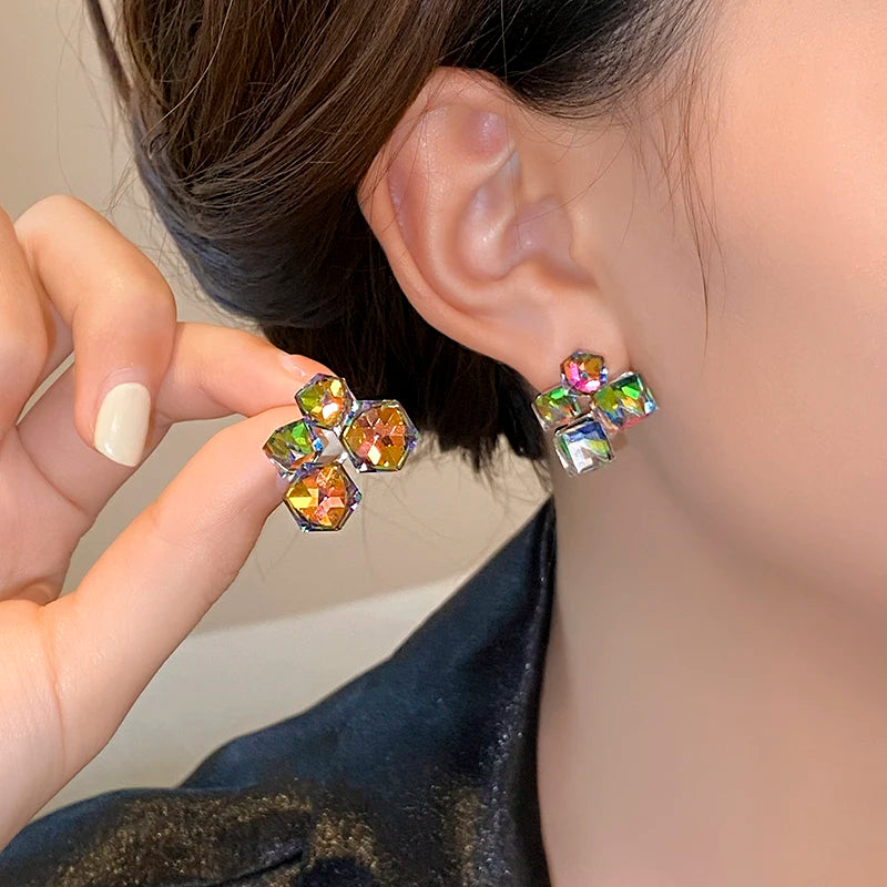 Design Fantastic Colorful Crystal Geometric Square Earrings with Different Angles and Colors Unusual Jewelry for Women or Girls