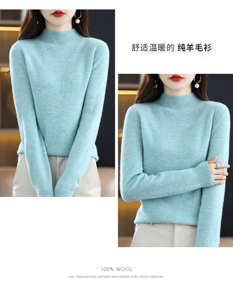 100% merino wool cashmere sweater women's sweater semi-high-necked long-sleeved pullover warm pullover in autumn and winter