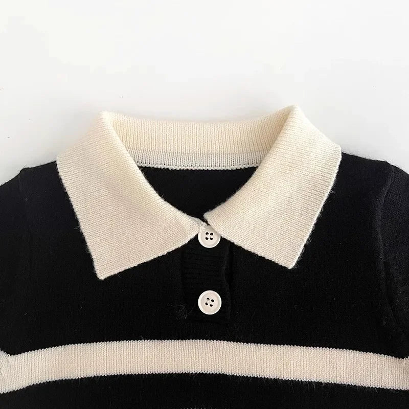 2023 New Korean Style Spring Autumn Children's Sweater Boys Girls Two-piece Button Striped Lapel Knitted Top Casual Fit Stylish