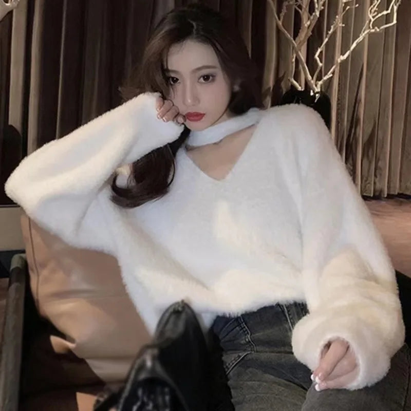 Autumn and Winter Fashion Women Loose Sweater Hanging Neck Solid Color Korean Version V-neckKnitwear