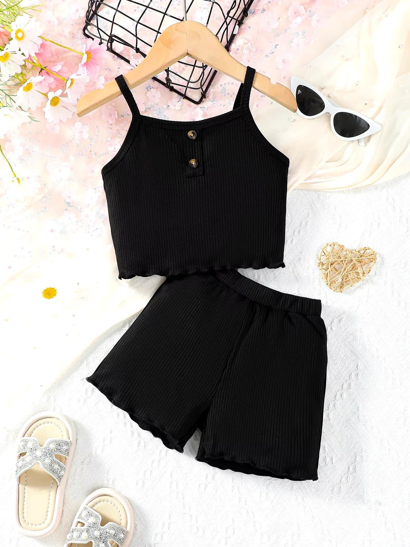 2PCS Kid Girl Daily Clothes Set Solid Color Sleeveless Sling Top+Shorts Summer Fashion Lovely Casual Wear for Children 1-8 Years